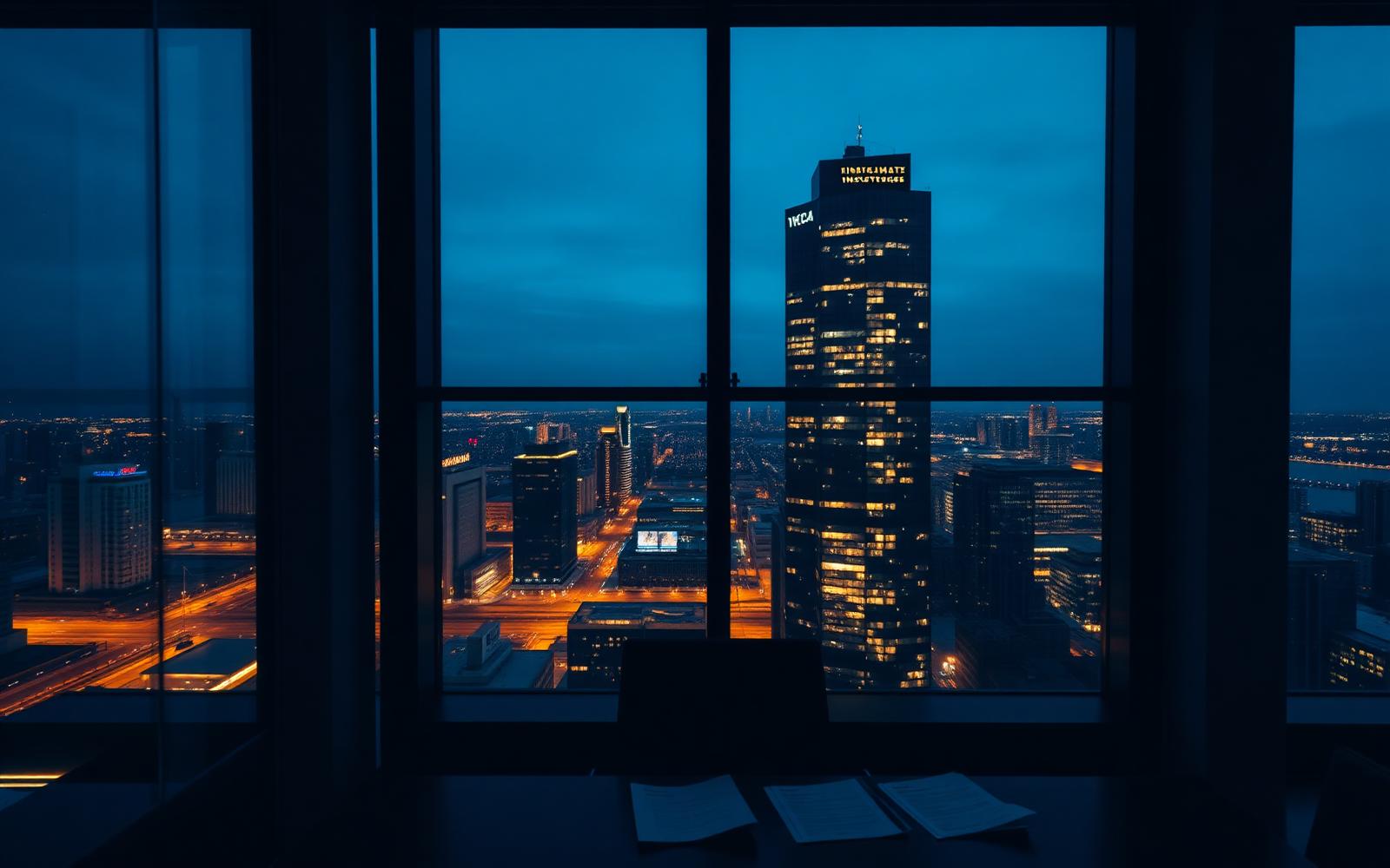 Financial investigation office overlooking a city skyline at dusk